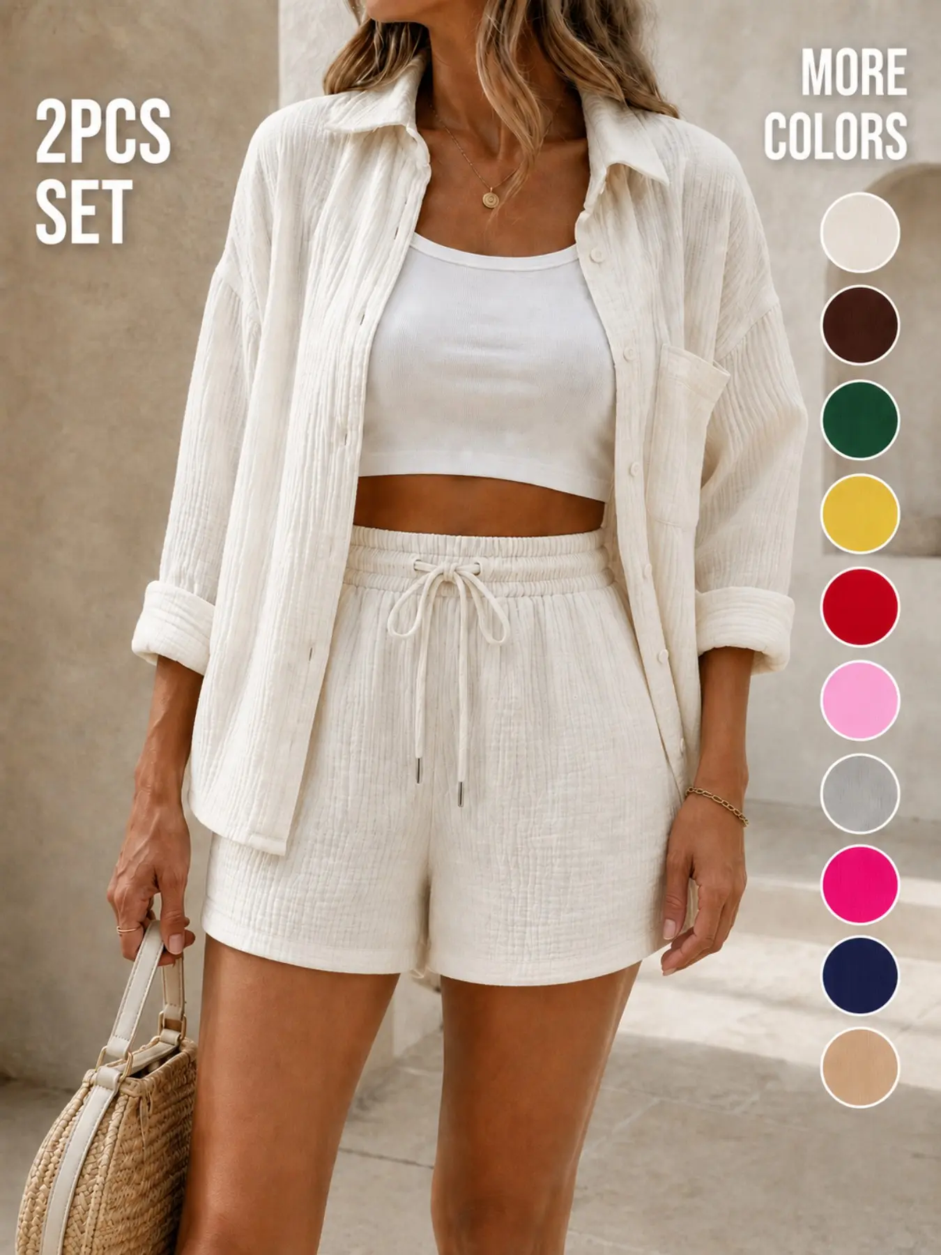 Simple Solid Color Collared Cardigan and Shorts Set, Casual Loose Fit, Adjustable Drawstring Waist, Spring & Fall Wear, Comfortable Daily