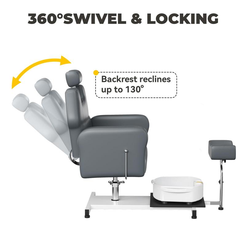 Reclining Pedicure Chair with Stool, 360 Swivel Massage Foot Bath Hydraulic Pedi Chair, Height Adjustable Pedicure Unit Station Beauty Spa Salon