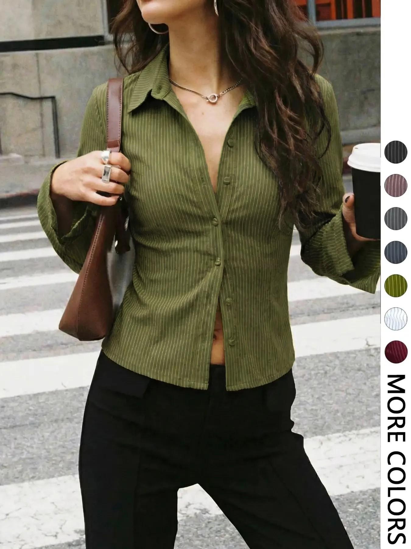 Women's All-Over Striped Print Button Front Blouse, Casual Long Sleeve Top for Spring & Fall, Ladies Clothes for Daily Wear, Casual Fashion Shirt