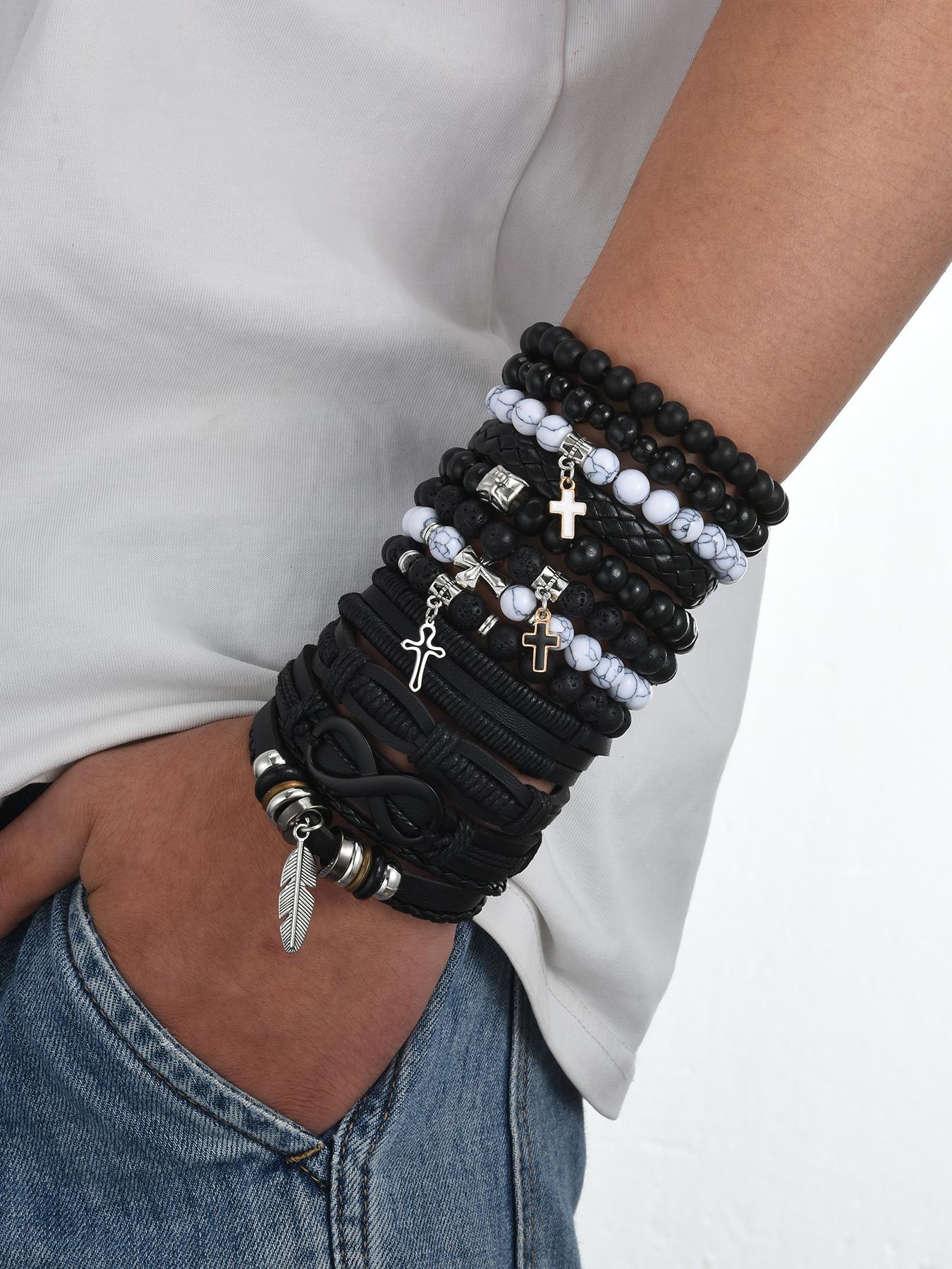 Men's Beaded Set, Cross Pendant Stone Jewelry, Casual Hip-Hop Style, Perfect Gift for Halloween Christmas Birthdays, Bracelet with Charms, Bracelets Stacking