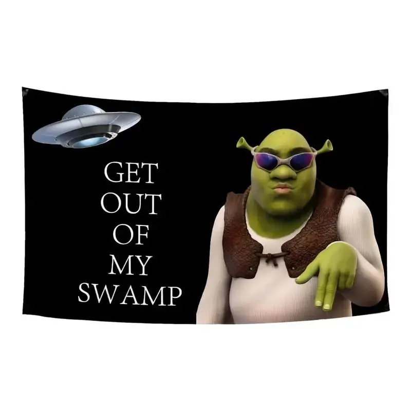 Shrek Theme Funny Synthetic Flag, 40x60 in Durable 100% Poly Lightweight Drape, "Get Out of My Swamp" Text, Living Room Wall Decor, All Seasons Beach Throws & Garden Tapestry, Gentle Machine Washable Home Supply