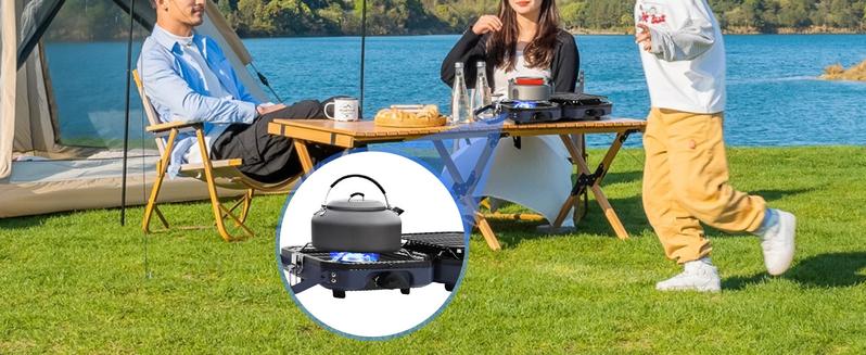 SCITOO 2 Burner Folding Camping Stove with Griddle, Portable Camp Isobutane Gas Stove with 16000 BTU Adjustable Burners & Piezo Ignition wind proof