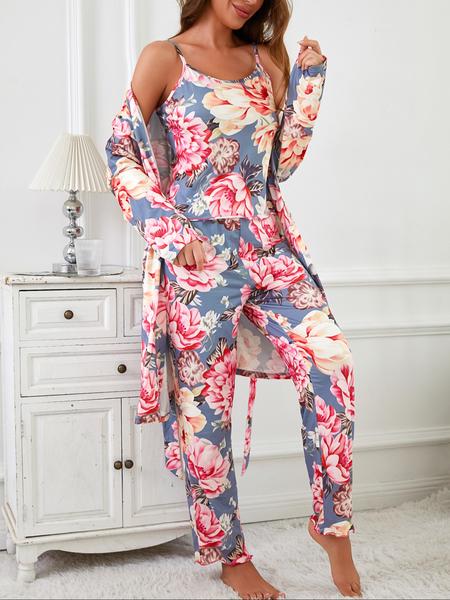 Floral Print Women's Robe Set + Strap Pants Three-Piece Comfortable Sleepwear Suit, Pajamas, Casual Home Wear for All Seasons