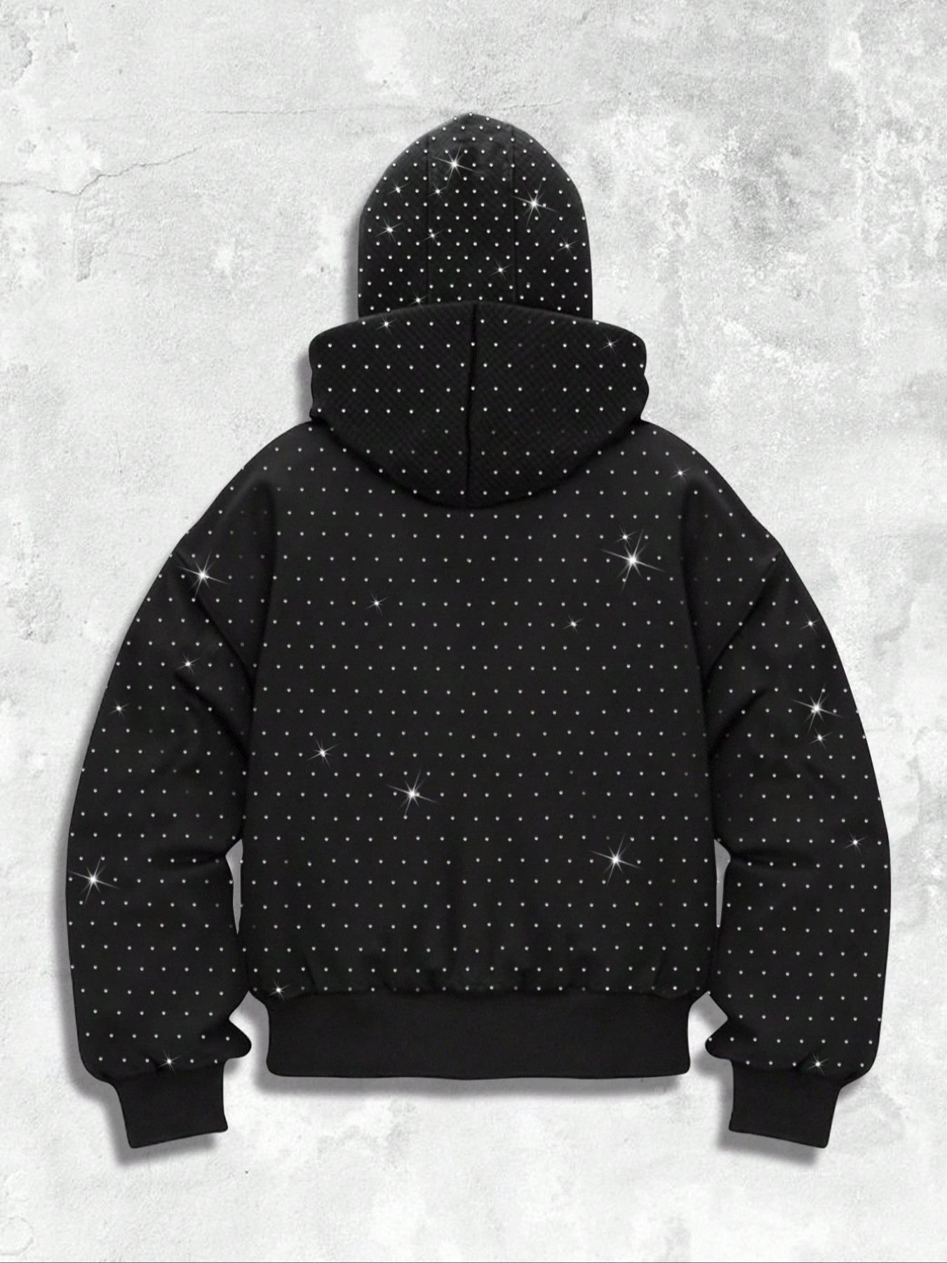 Men's Street Style Rhinestone HooMen's Street Style Rhinestone Hooded Sweatshirt, Pocket and Zip Design, Fall & Winter Wear, Geometric Pattern, Fitted Fitded Sweatshirt, Pocket and Zip Design, Fall & Winter Wear, Geometric Pattern, Fitted Fit, Streetwear