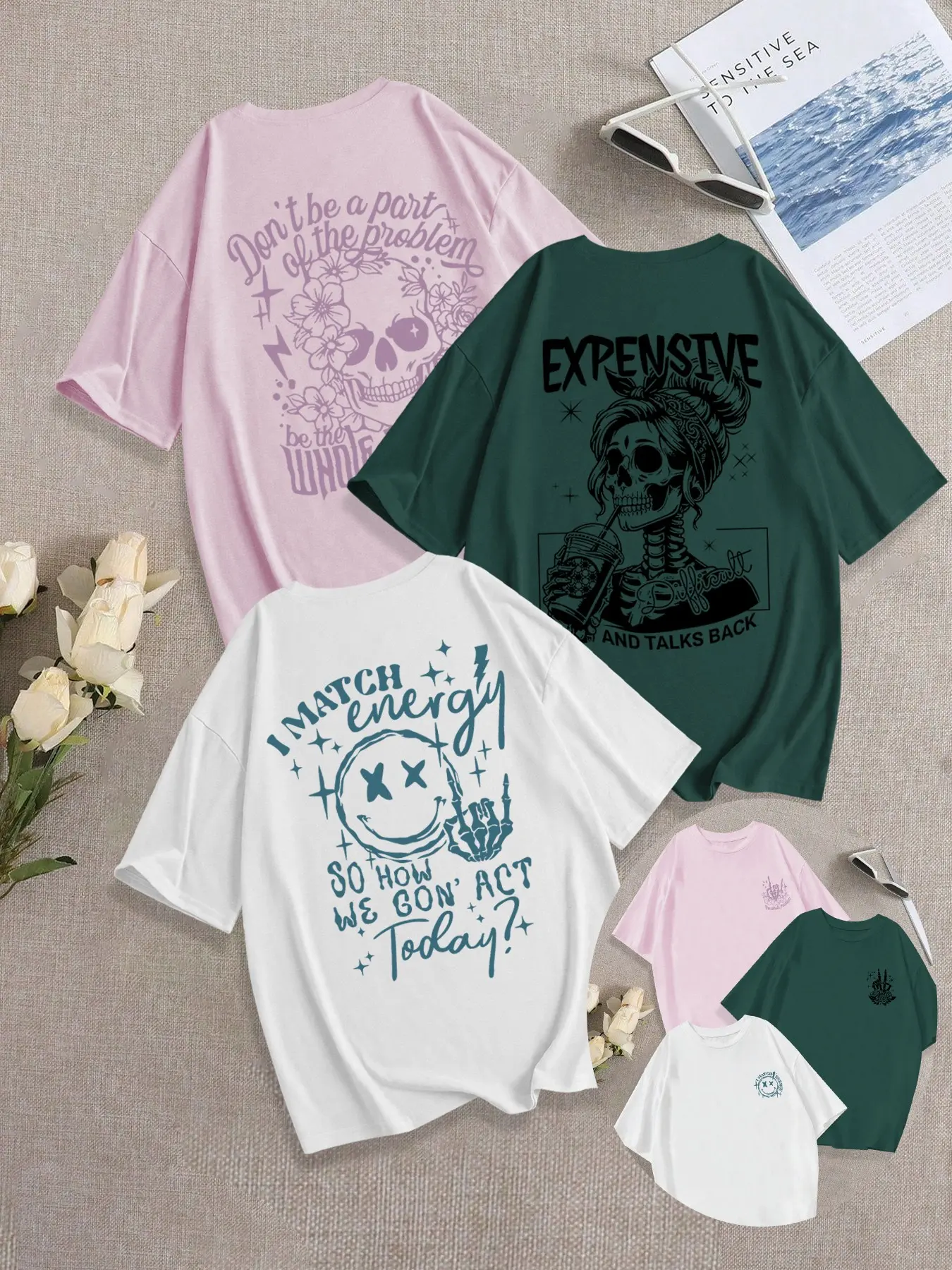 Pink purple + dark green + white