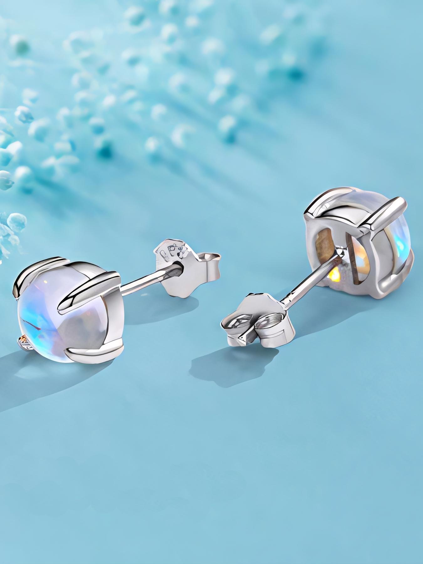 Elegant Women's 925 Silver Moonstone Earrings, Hypoallergenic Fashion Square Stud Earrings, Simple Style Jewelry for Daily Wear & Gifting