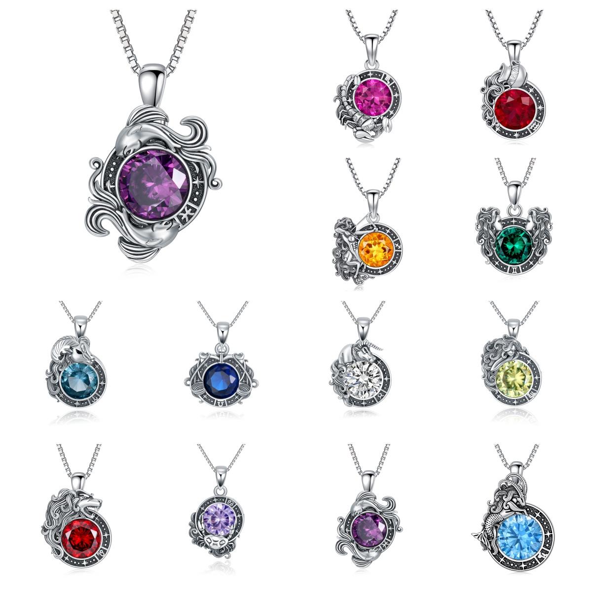 Zodiac Bitrthstone Necklace, 925 Sterling Silver 12 Constellation Unisex Necklace, Jewelry Birthday Gift for Women Men, Perfect Gift