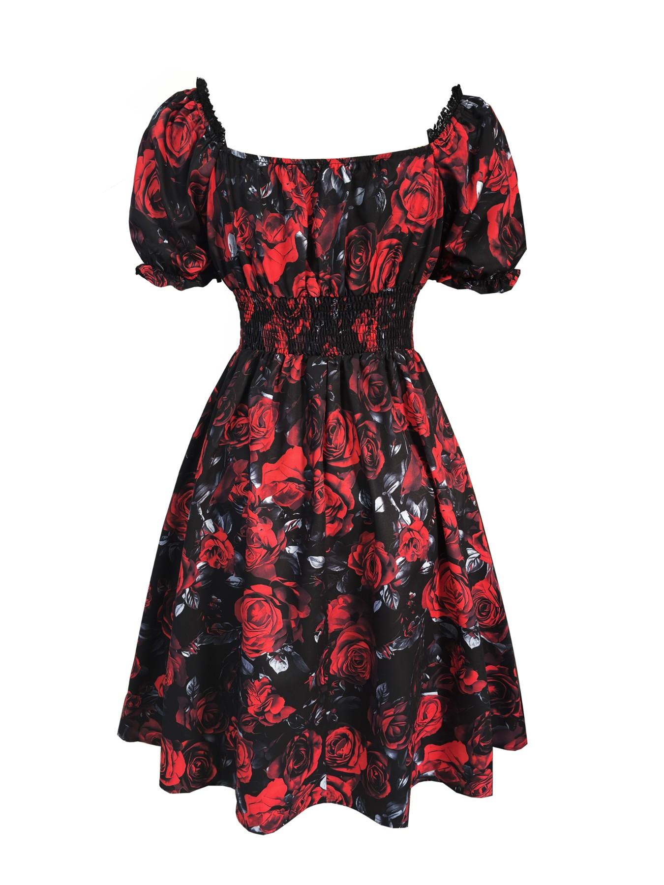 Gothic Vintage Bubble Sleeve Rose Print Dress, Lace Patchwork Dark Rose Retro Dress, Spring Summer Women's Floral A-Line Dress