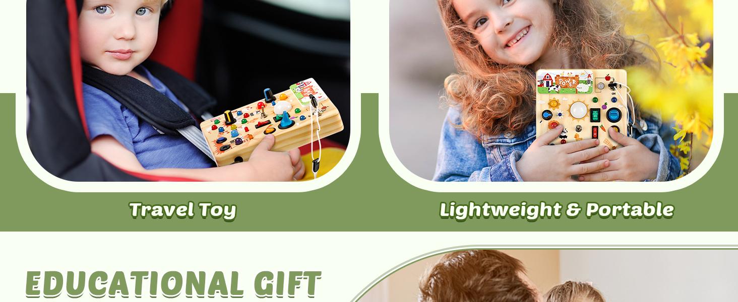 Joyreal Montessori Sensory Toys, Square-Shaped Wooden Busy Board with LED Light Up Switches,  Portable Learning Kids Toys,Christmas Gifts Ideas