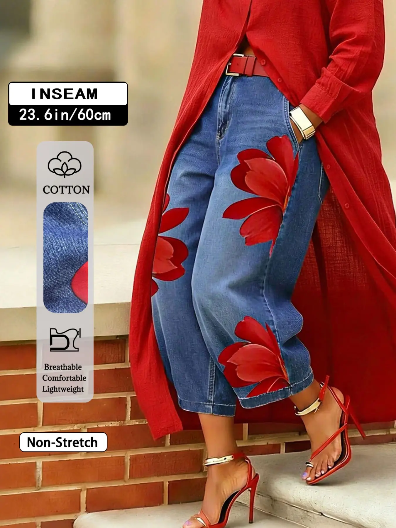 Lkuily Women Cropped Balloon Denim Jeans, Loose Baggy Cut Large Floral Print Washed Denim Capri Pants with Elastic Waist for Daily Brunch Shopping Occasions