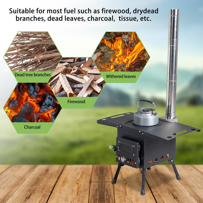 Camping Wood Stove, Outdoor Portable Tent Wood Burning Stove with Stainless Chimney Pipes, Tent Stove Jack & Gloves for Outdoor Camping Cooking and Heating (Black)