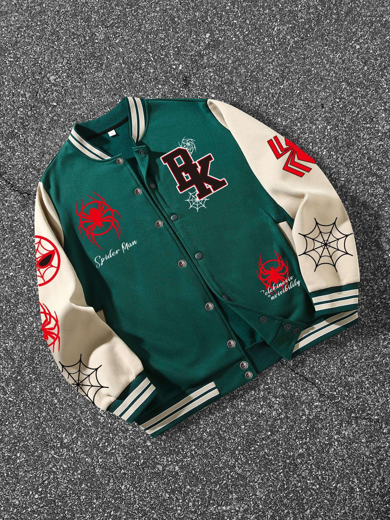 Spider-Man Street Style Baseball Jersey Jackets, Patchwork Sleeves, Full Spider Logo, Fitted Design, Fall & Winter Fashion