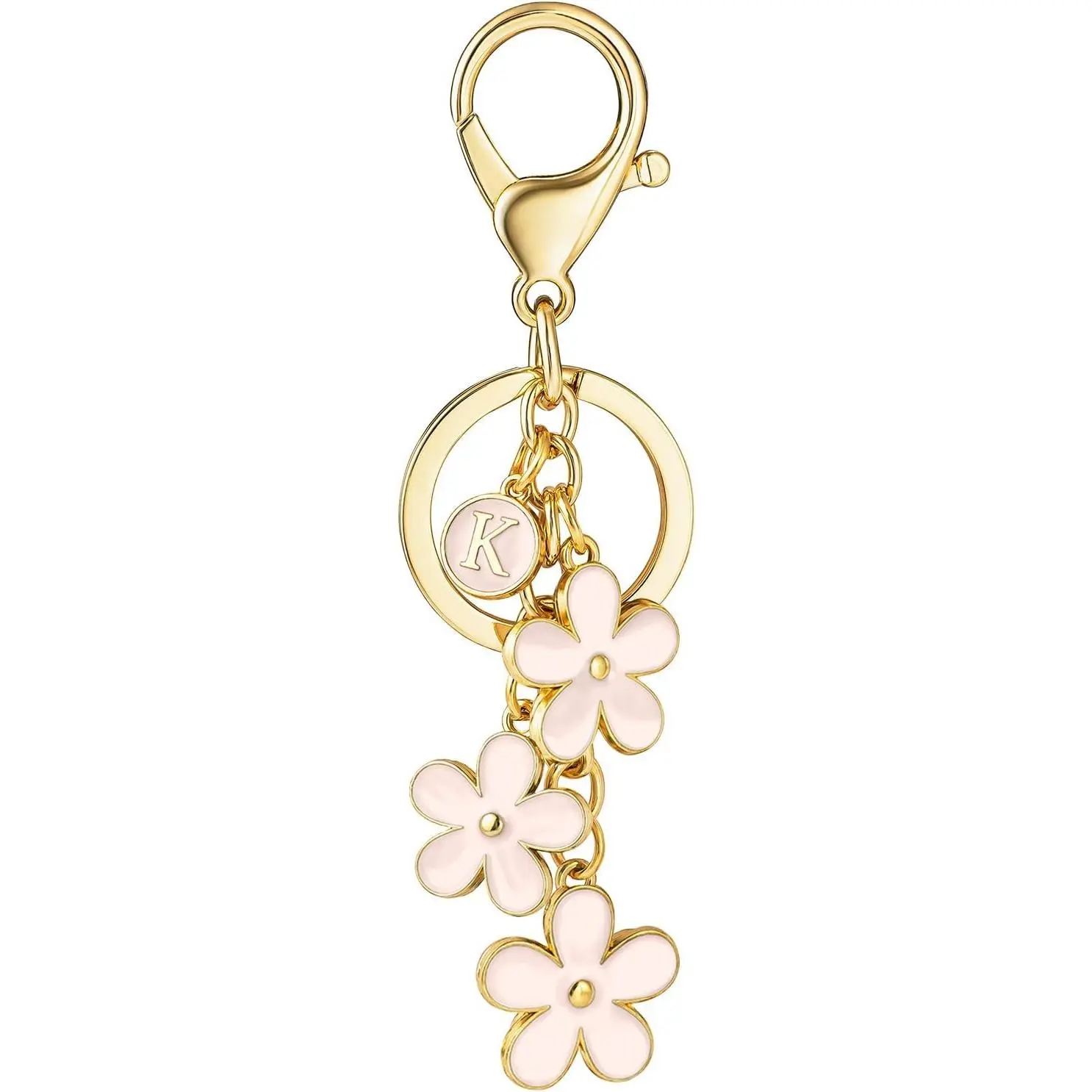 Initial Keychain White Pink Black Cute Keychain Girl Purse Charms for Handbag Letter Flower Keyring for Backpack