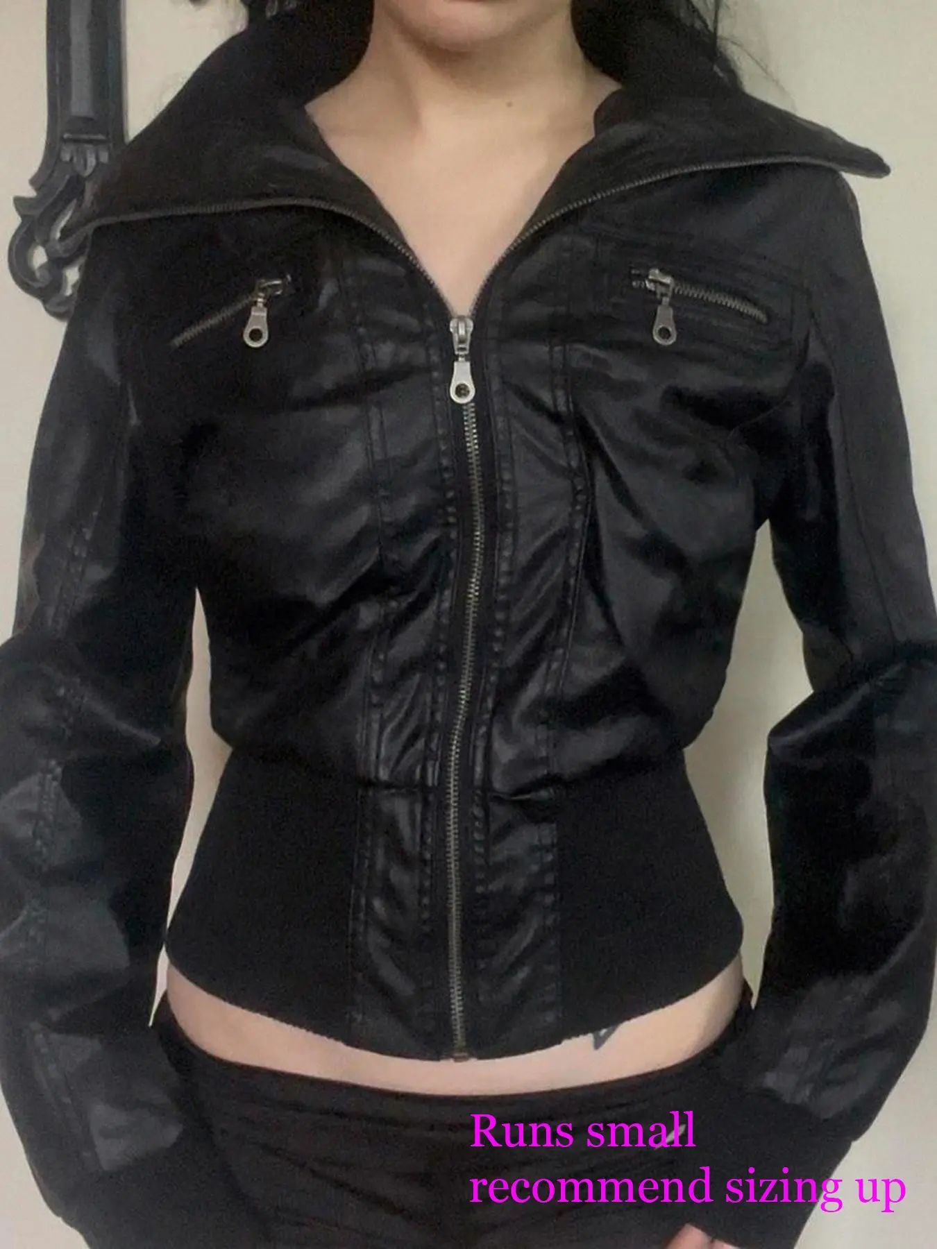 Women's Solid PU Leather Long Sleeve Zipper Jacket, Zip Front, Casual Fashionable Outerwear, Stylish and Comfortable Jacket for Daily Wear, Biker Jacket, Casual Fall Jacket