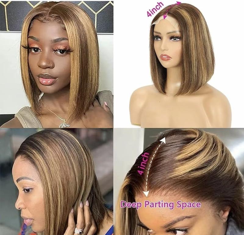 Highlight Lace Front Bob Wig Human Hair 14 Inch Ombre Honey Blonde 13x4 Hd Lace Front Wigs Human Hair Pre Plucked Middle Part 4/27 Colored Lace Frontal Wigs(14 Inch, 4/27 Highlight)