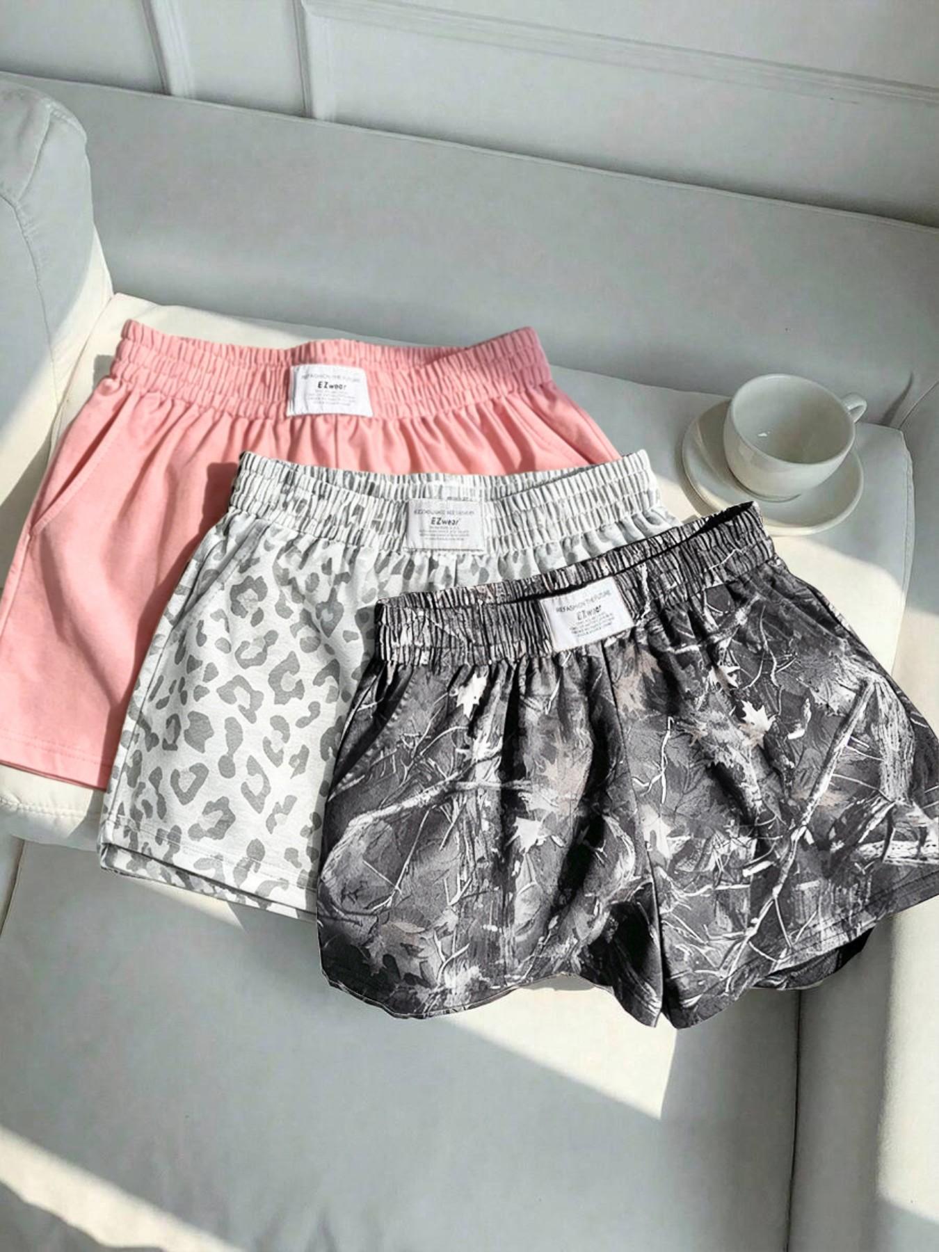 3-Pack Women's Summer Casual, Fashion, Elastic Waistband Shorts: Leopard Print + Solid Color – Comfortable, Loose Fit. Soft fabric, slant pockets, letter tag design. Suitable for daily light exercise, going out, home wear
