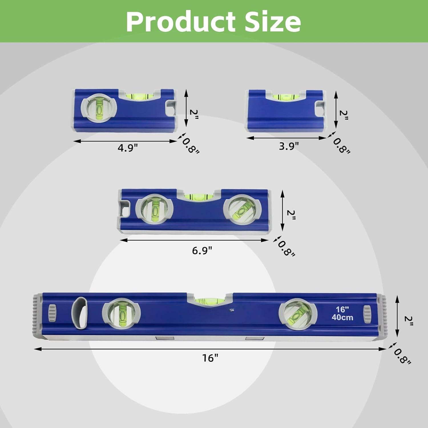4- Torpedo Level Set, Aluminium Alloy  Spirit Level Included 16", 7", 5", 4" Leveler with 180?/90?/45? Bubbles, Clear, Green.