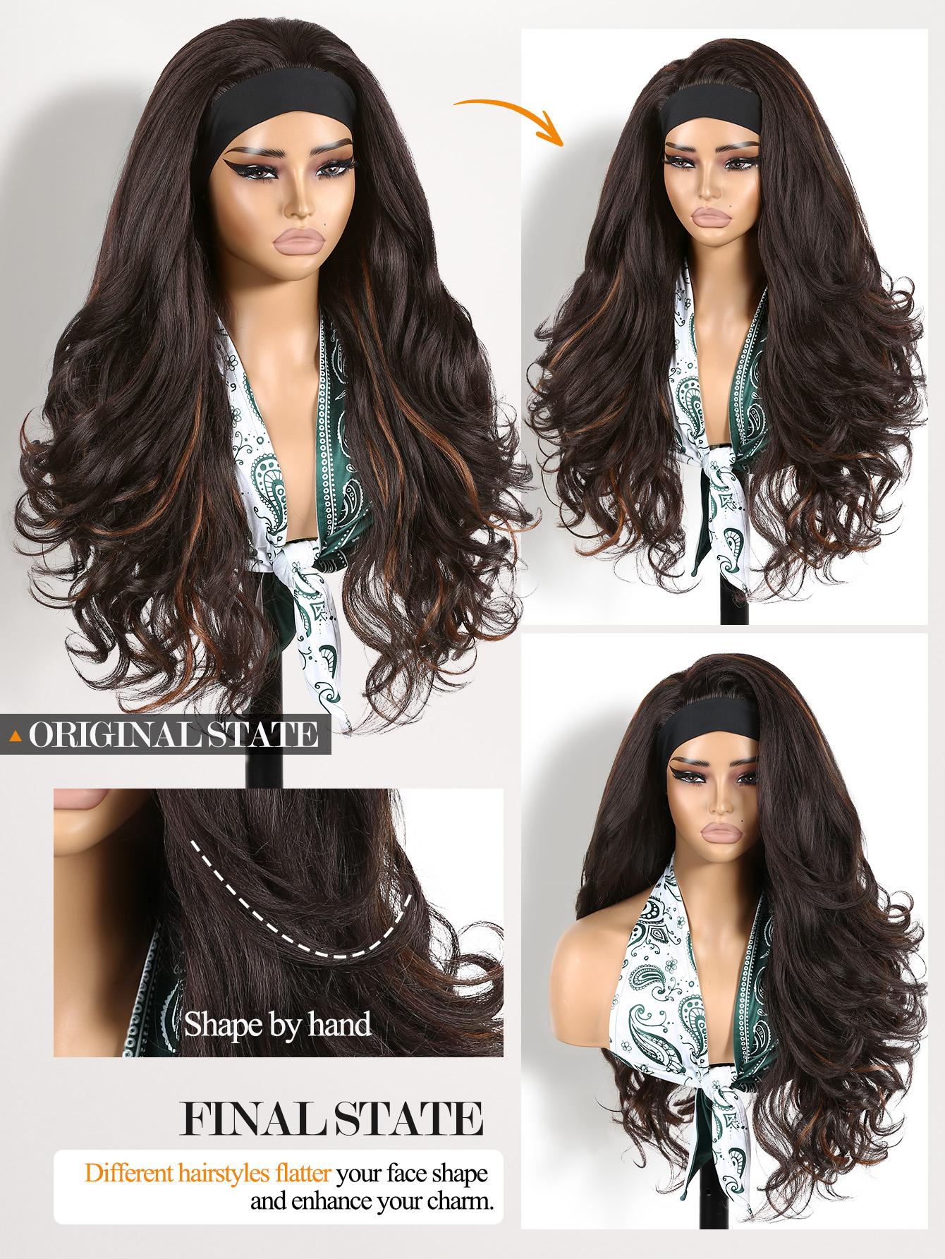 Yaki Body Wave Headband Wig for Women, Synthetic Fiber Wigs Curly Wavy 26 Inch Long Kinky Straight, Glueless Lightweight, Heat Resistant, Daily Use
