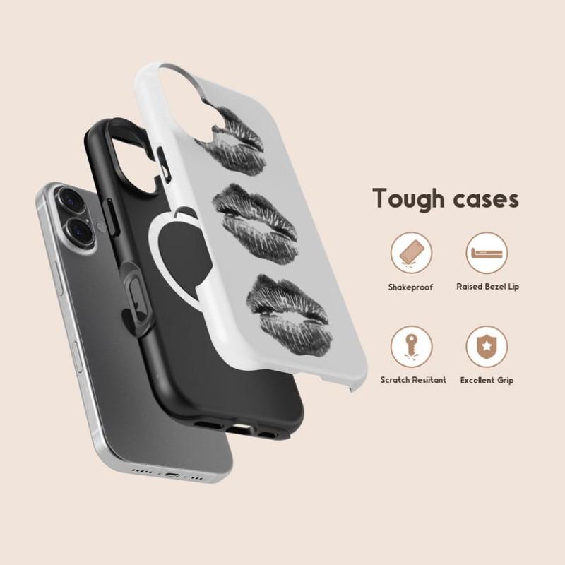 Trendy Y2K Kiss Tough Phone Case, Aesthetic Cool Graphic Cover for iPhone 17 16 15 14 13 12 11 Pro Max, Stylish Protective Accessory