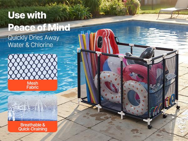 Summervibes VEVOR Pool Storage Bin, 47.2x 30.2x 34 in, Rolling Pool Float Storage Organizer with Side Pockets Casters, Heavy Duty Plastic Frame, Poolside Toys Noodles Holder Mesh Basket for Swimming Pools