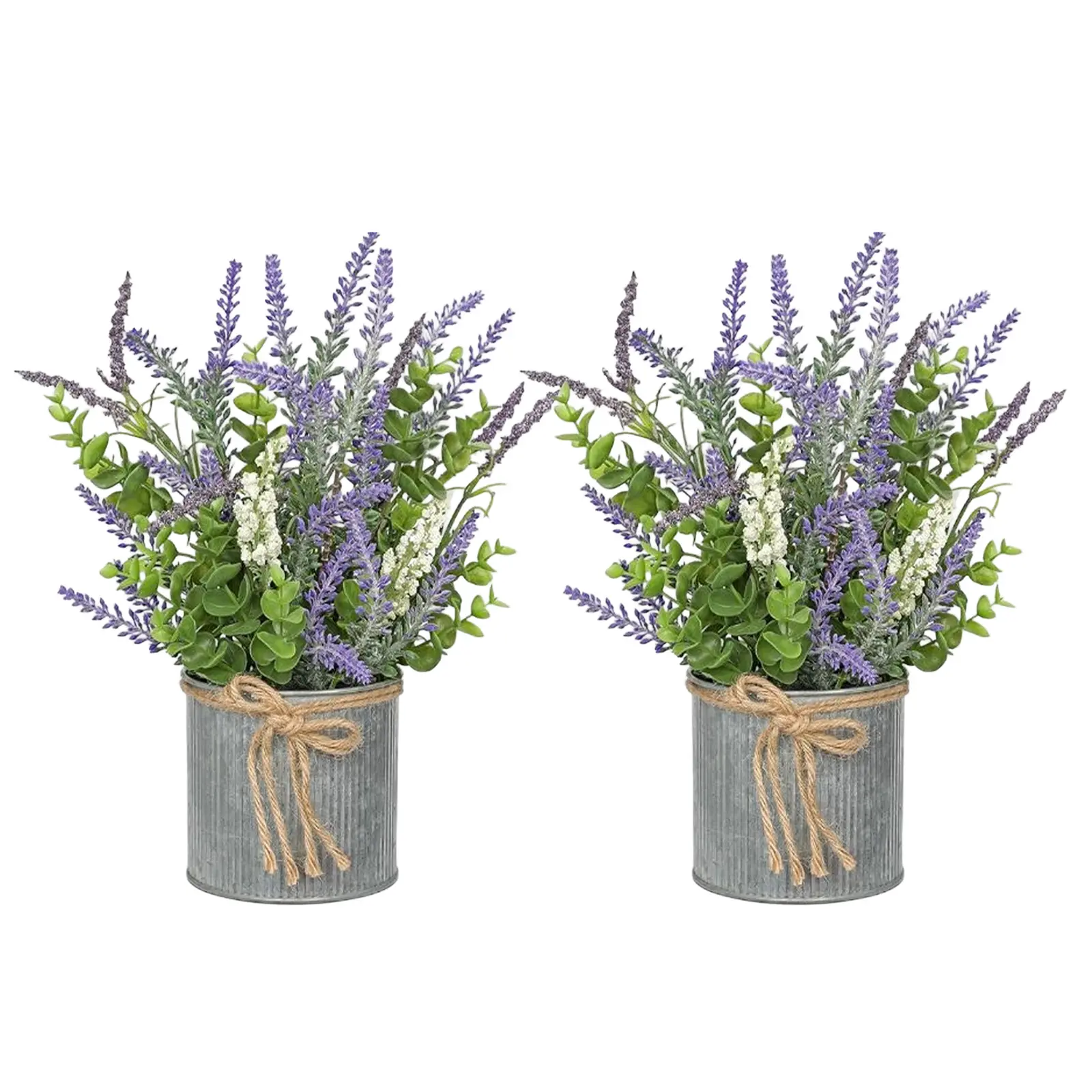 2-Pack Artificial Lavender & Eucalyptus, Faux Greenery in Galvanized Metal Buckets, Farmhouse Table Centerpiece for Kitchen & Office Decor