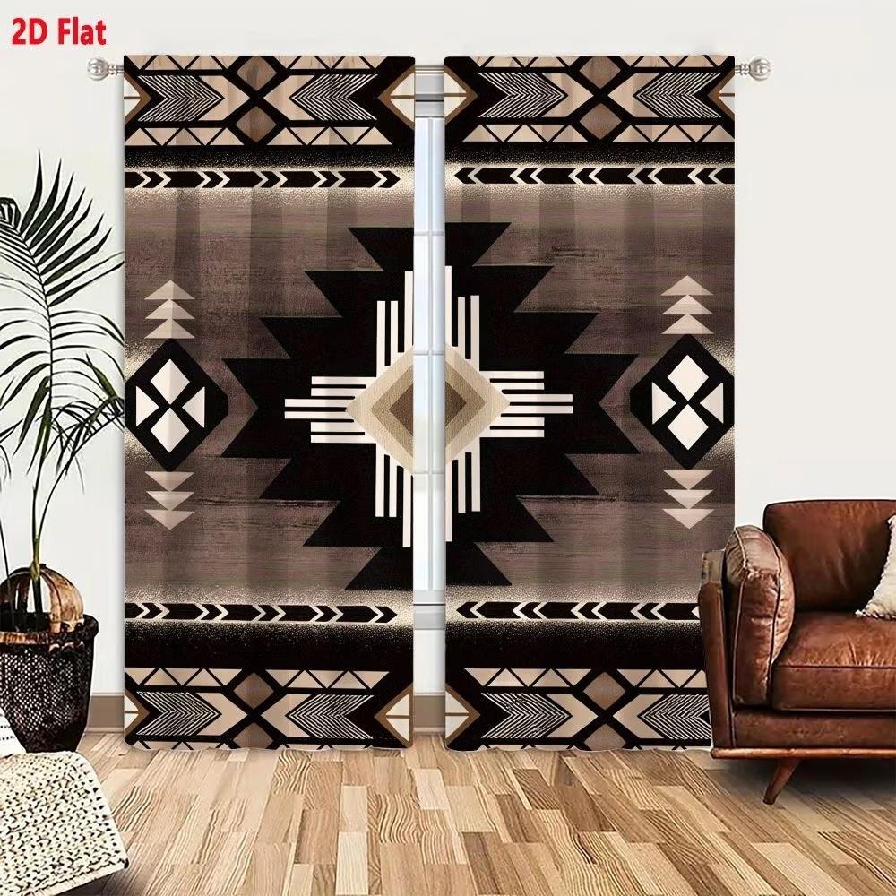 2 pieces of American tribal art geometric pattern printed curtains, made of polyester with semi-transparent texture, machine washable, suitable for bedrooms, living rooms and home decoration curtains
