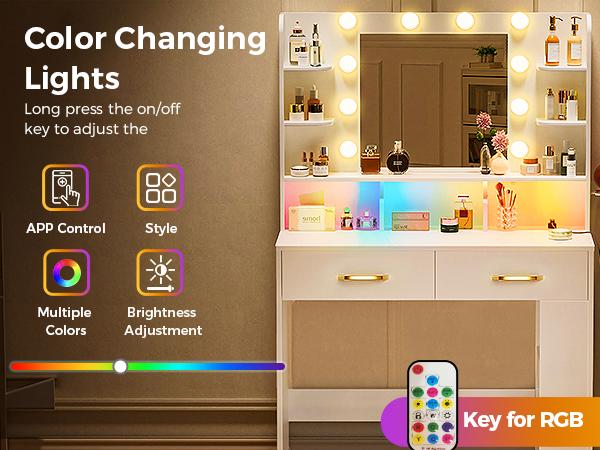 COMHOMA Makeup Vanity Desk with Mirror and Lights, Large Vanity Table with 6 Drawers & 1 Storage Cabinet, 3 Color Modes Adjustable Mirror, Furniture Luxury