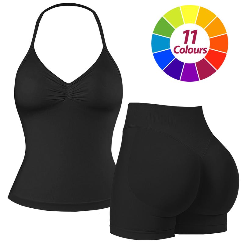 RICH BRIA Women's Seamless Halter Tank Top with High Waist Shorts Set for Yoga and Fitness, Breathable & Comfortable Activewear Summer Two-Piece Set