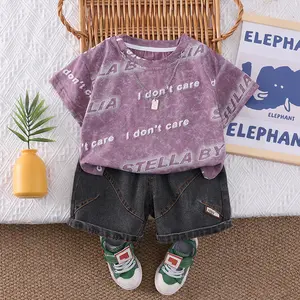 Trendy Boys Summer Clothing Set Short Sleeve Shirt And Shorts Letter Patches Denim Patchwork Soft Skin-Friendly Breathable Outdoor Style