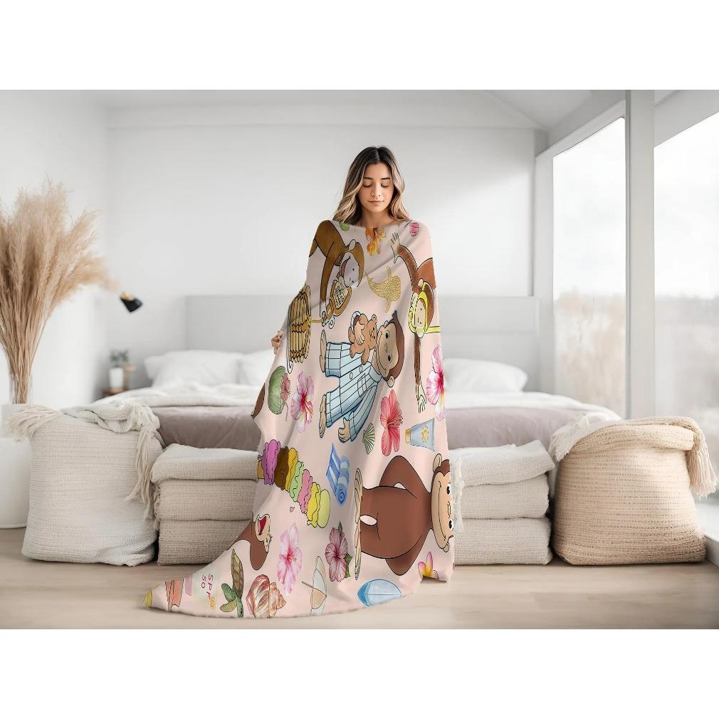 Curious George Printed Scenes Fleece Blanket - Tropical & Pajama Collage, Beach Surf Adventure Design, Plush Kids Throw for Children Rooms, Cozy Nook Kid Snuggles