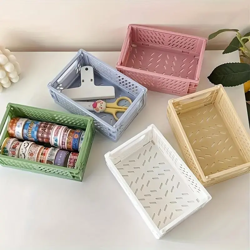 2pcs Mini Folding Storage Baskets - Stackable, Durable Plastic Organizer for Desk & Home Essentials, Shelf Baskets