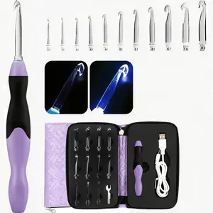 Rechargeable Light Up Crochet Hook Set - 11-in-1 Ergonomic Soft Grip Kit with Interchangeable Heads, Ideal for Beginners, DIY Knitting & Crochet Gift