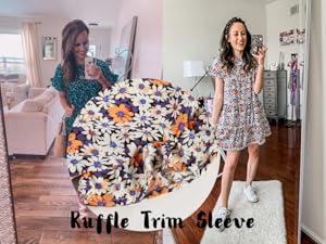 Wenrine Women's Ruffles Boho Floral Printed Babydoll Loose Swing Casual Short Mini T-Shirt Dress Summer Soft