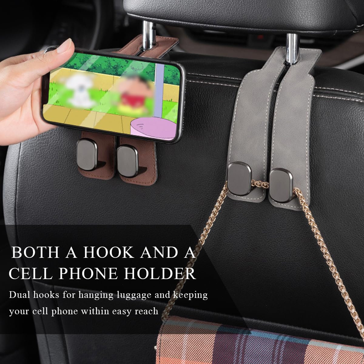 2 Pack Car Seats Hooks for Headrest, 2-in-1 Premium Leather Car Headrest Hanger with Metal Hooks, Car Seat Back Storage Hooks for Purses, Handbags, Phone (Black) 2 Pack Car Seats Hooks for Headrest, 2-in-1 Premium Leather Car Headrest Hanger with Metal Hooks, Car Seat Back Storage Hooks for Purses, Handbags, Phone (Black)