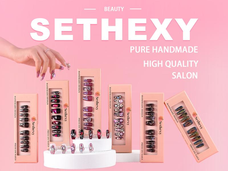 Sethexy Luxury Purple Rhinestone Handmade Fake Nail 3D Heart Crystals Long Coffin Press on Nails Butterfly Bow Bunny False Nail Salon Durable Quality Nails for Women and Girls 10Pcs easy press