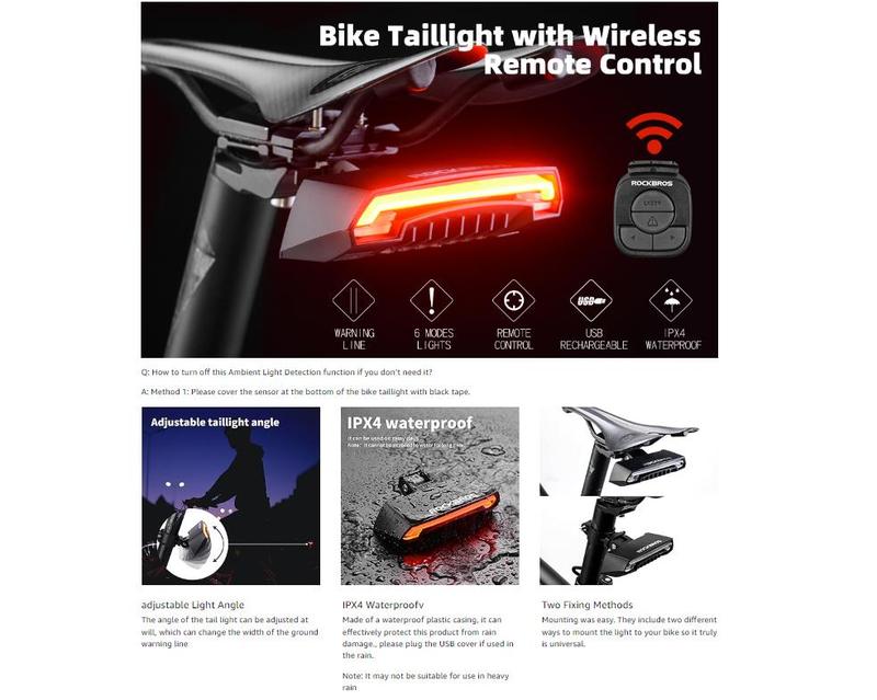 ROCKBROS Bike Tail Light Smart with Turn Signals, Wireless Remote Control Brake Bike Rear Light USB Rechargeable Bicycle Back Warning Light for Night Riding Safety