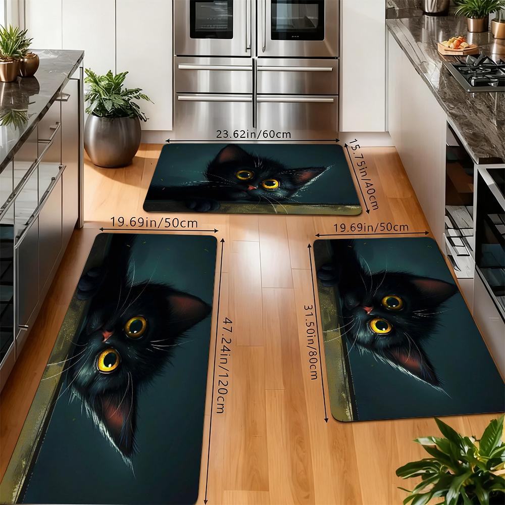 Cute Black Cat Kitchen Rug Set, Kitten Non-Slip Washable Floor Mats, Cute Animal Runner Rugs for Kitchen, Living Room & Cat Lover Home Decor