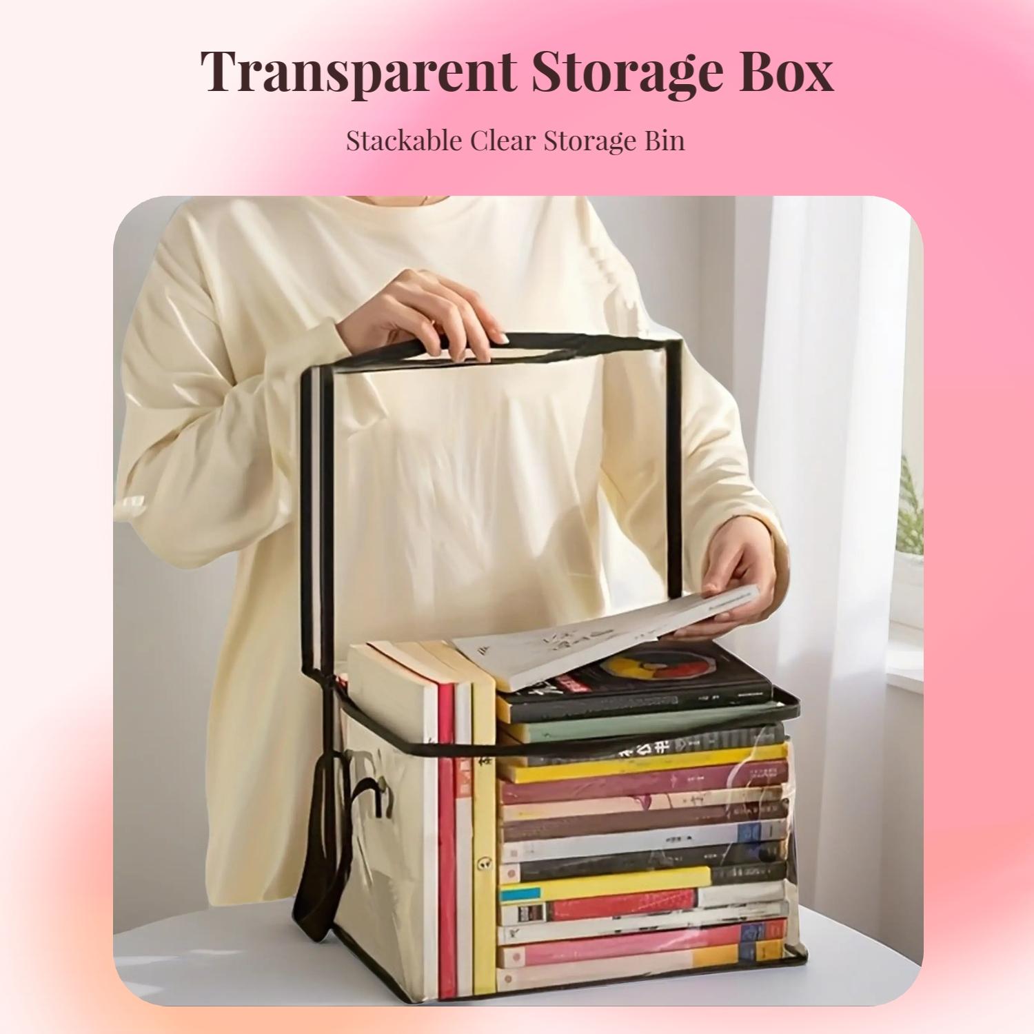 3 Pack Transparent Storage Bags with Zipper Closure, Large Rectangular Stackable Design Space Saver Bags for Books, Clothes, Office, Home, Travel