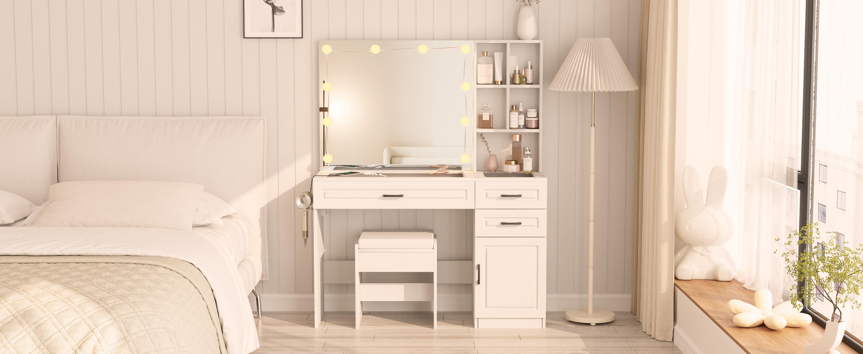 Vabches Vanity Desk Large Vanity Table With Glass Top And Lots Storage