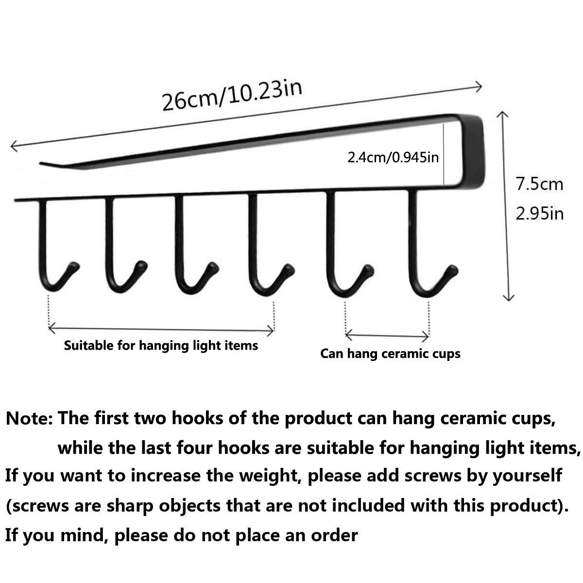 (Without Screws) Cup Hook Shelf, 1 Count Multifunctional Under Cabinet 6 Hooks Cup Storage Rack, Home Organizer for Kitchen Bathroom Bedroom Wall Mountable
