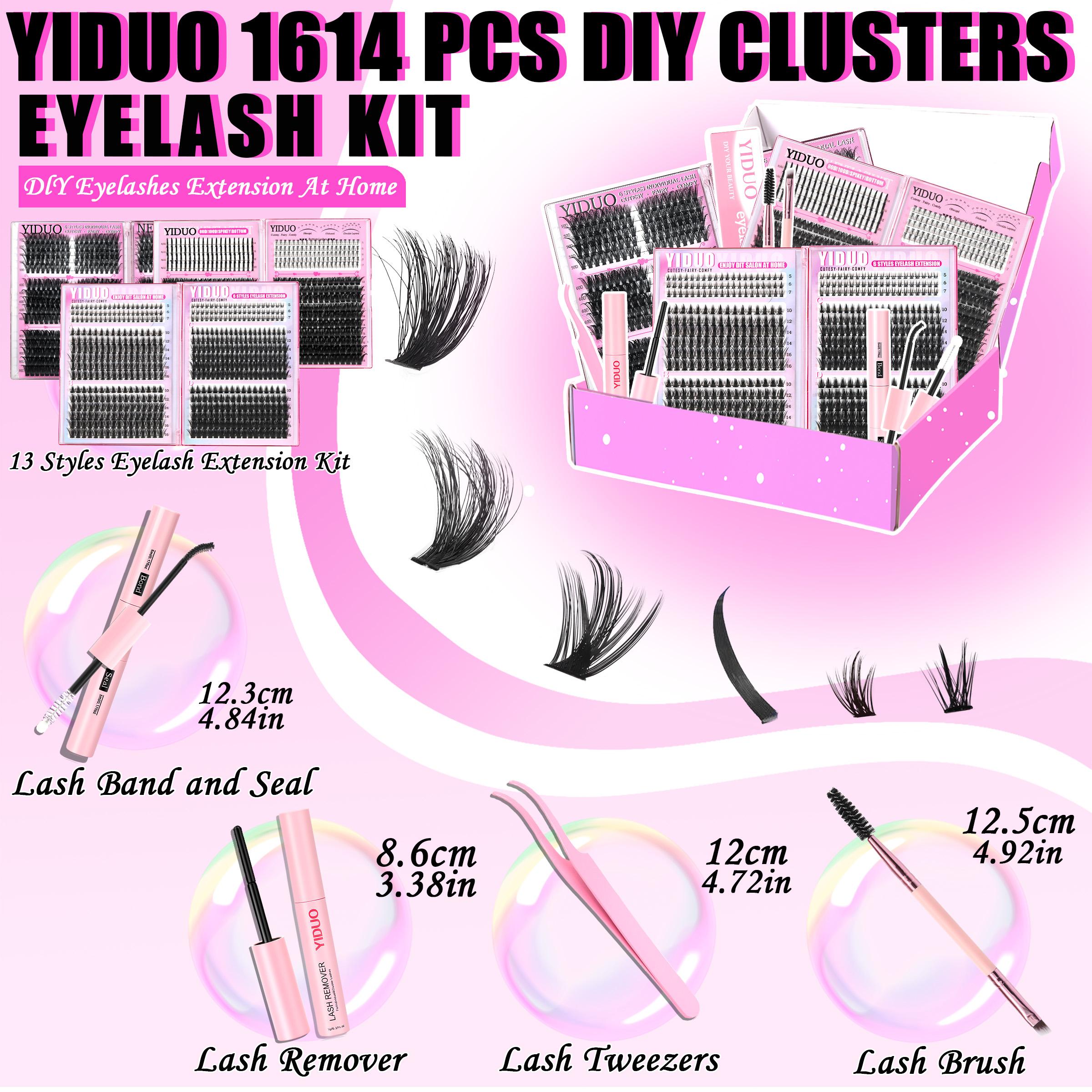 YIDUO 13 Styles Fluffy Eyelash Clusters Lashes Kit 50D\60D\80D \100D\Fairy-A-B\BottomA-B\Volume+Bottom\Volume+Spike Lashes Clusters Kit 5-20mm Cluster Eyelash Extension Kit 1614 Pcs D-Curl With Lash Bond and Seal, Lash Remover, Lash Tweezers
