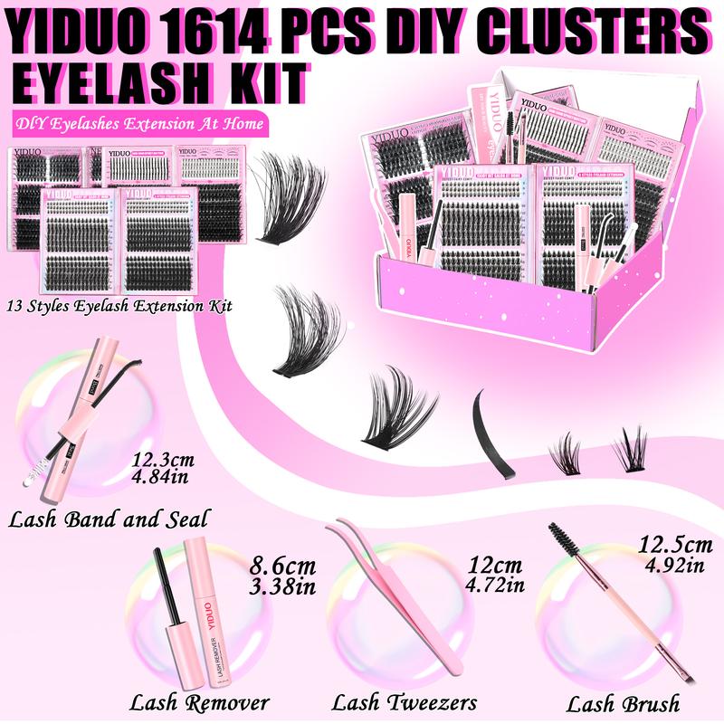 1614Pcs Lash Clusters Kit, 13 Styles 50D,60D,80D,100D,Fairy-A-B,BottomA-B 5-20mm Cluster Eyelash Extension D-Curl With Lash Bond and Seal, Lash Remover, Lash Tweezers, Eyelash Brush DIY Easily, Diy Eyelash Extensions