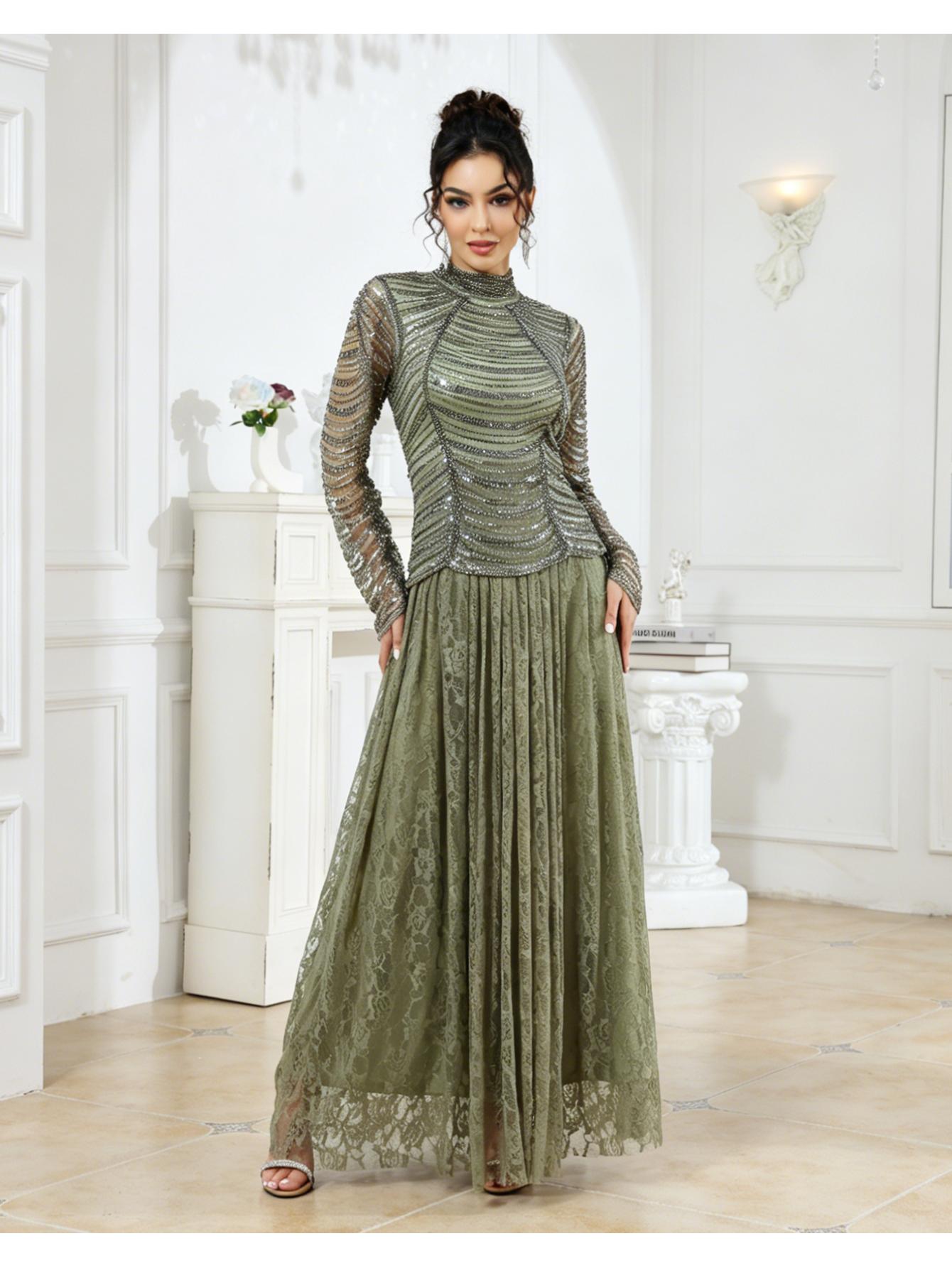 Women's Sheer Long Sleeve Maxi Dress, Floral Lace Embellished Elegant Evening Gown, Perfect for Wedding and Graduation, Festival Wear