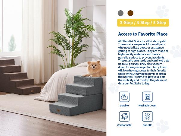 ABCPET Dog Stairs for 40lbs Dog Bed Couch Sofa 35D Foam 3-Step Pet Steps for Small Dogs and Cats Extra Wide 4-Step Non-Slip Bottom Sturdy Support 5-Step Easy Maintenance