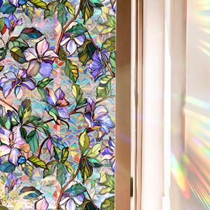 Rainbow Floral Window Privacy Film Sun Blocking 3D Decorative PVC Stained Window Decals Non-Static Cling Sticker for Home Office, 16.93 x 39.37 Inch.