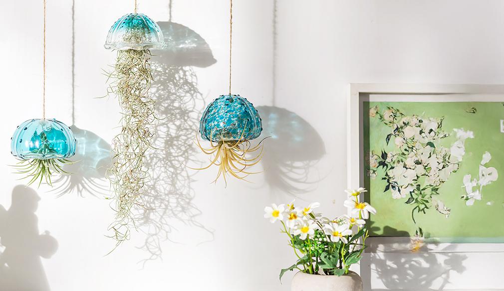 Hanging Air Plant Holder: 3Pcs Glass Jellyfish Air Plant Hanger with Jute Ropes for Tillandsia Succulent Houseplants