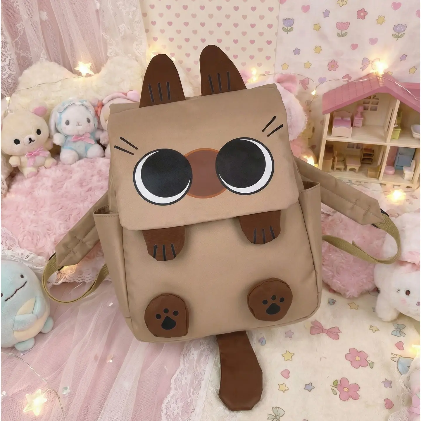 Large Capacity Cat Backpack, 12.99x16.14 Inches, Cute Cartoon Design, Kawaii Backpack, Durable Nylon, Zipper Closure, College Students