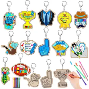 HOWAF 24pcs Happy Father’s Day Coloring Keychains with Paint Pens, Color Your Own Dad’s Day Keyrings, Fathers Day Craft Wood Colouring Key Chains for Dad Daddy Papa Gift Favors, Kids Activity