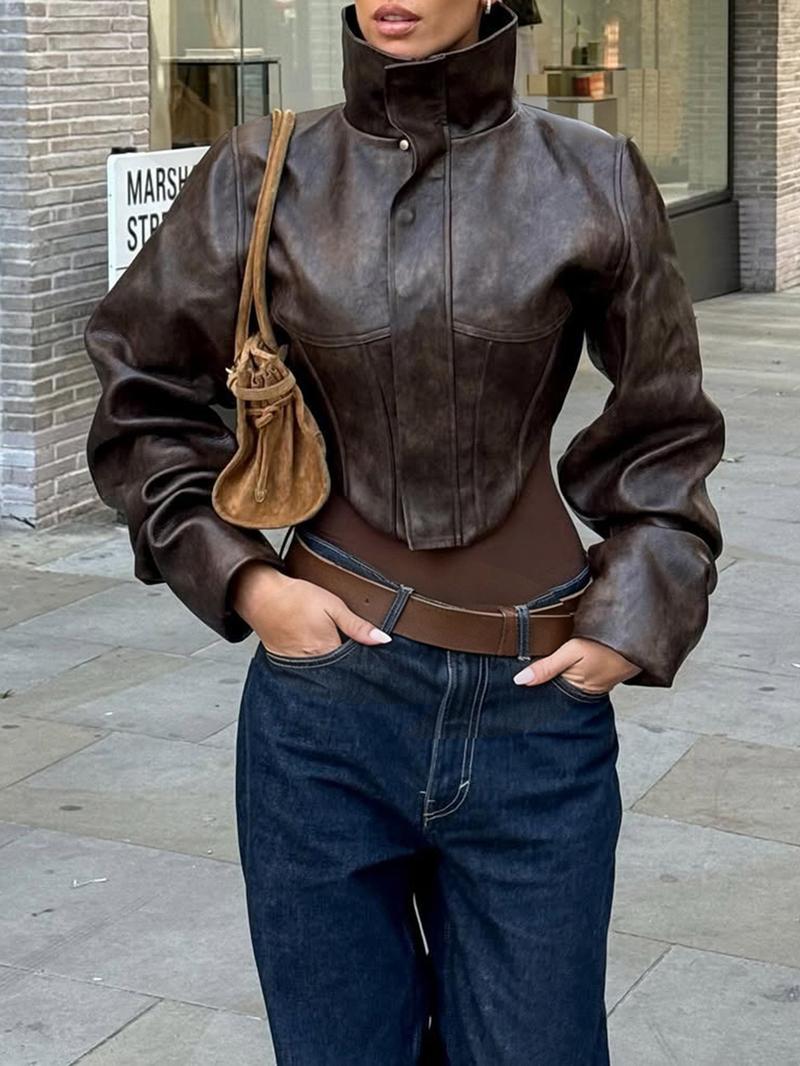 Women's High Neck PU Leather Jacket, Slim Fit Short Zipper Coat, Fall & Winter Fashion Outerwear, Casual Stylish Design