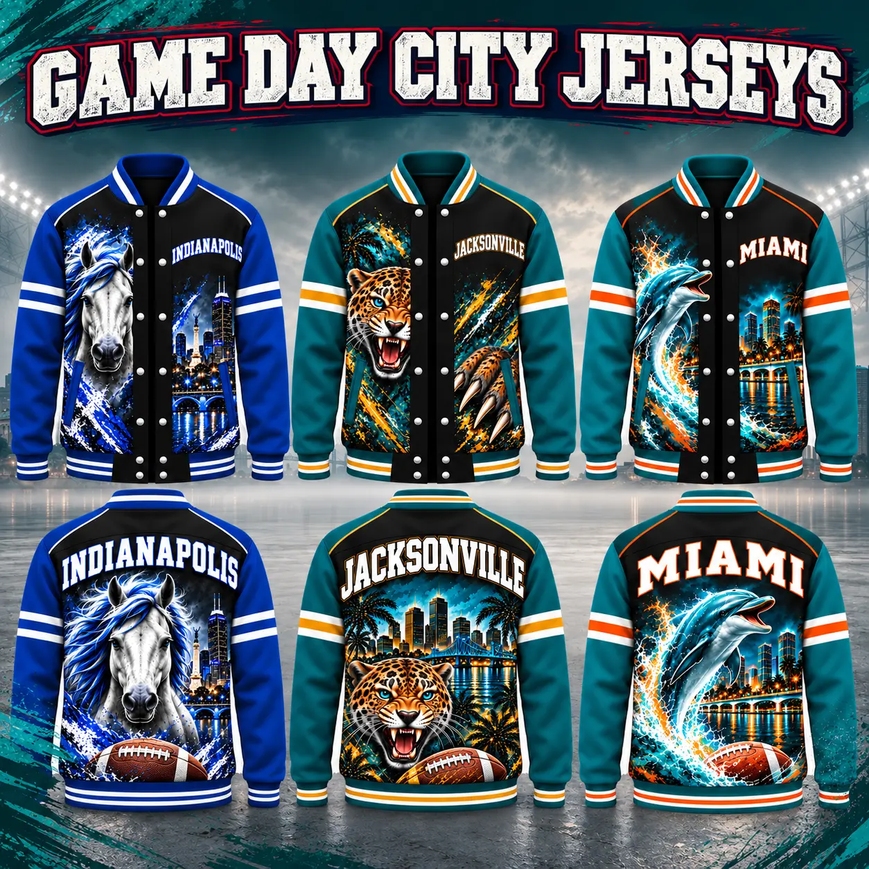 Vintage Game Day Graphic Varsity Jacket Unisex Men Women Football Fan Bomber Retro Mascot Skyline Team Color Snap Button Striped Ribbed Collar Streetwear Relaxed Fit Long Sleeve Back Print Stadium Outerwear Cute Sports Gift Couple